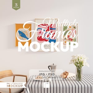 May include: A mockup featuring three framed art prints with colorful abstract designs. The frames are mounted on a white wall above a table set with a striped tablecloth, coffee pot, and flowers. The text "Multiple Frames Mockup" is overlaid on the image.