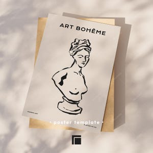Op de afbeelding: Een postersjabloon met een zwart-wit illustratie van een klassieke buste, met de tekst "ART BOH&Egrave;ME". De poster staat op een beige achtergrond met de woorden "MODERN ART" en "POSTER NO 05".