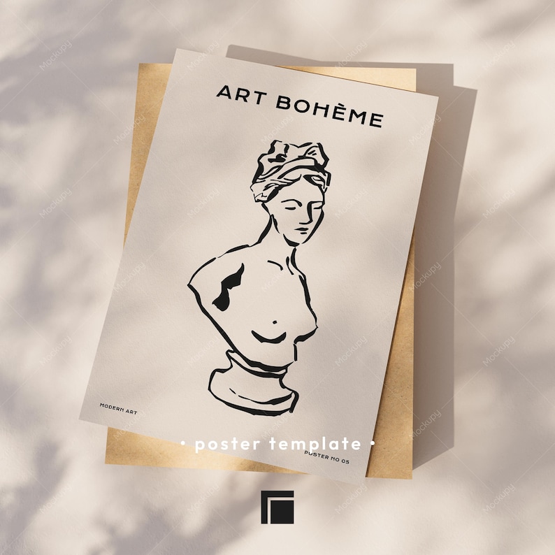 Op de afbeelding: Een postersjabloon met een zwart-wit illustratie van een klassieke buste, met de tekst "ART BOH&Egrave;ME". De poster staat op een beige achtergrond met de woorden "MODERN ART" en "POSTER NO 05".