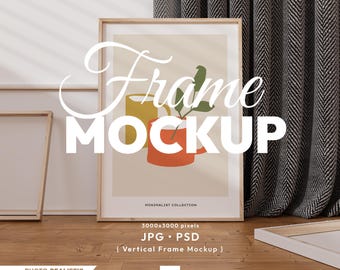 May include: A vertical frame mockup with a minimalist design. The artwork features a yellow and orange illustration of a plant in a pot. The words "Frame MOCKUP" are overlaid on the image. The frame is on a wooden floor.