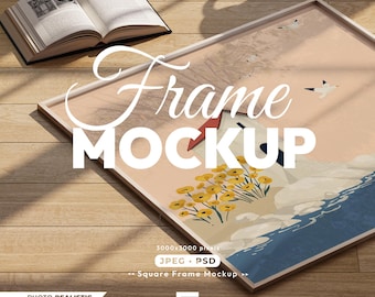Square Frame Mockup: 1x1 Ratio Poster Psd Template, Wood Frame