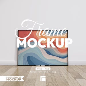 May include: A horizontal black picture frame containing an abstract print with layered wavy lines in shades of orange, peach, blue, and grey. The image features white text overlays reading Frame MOCKUP, 3000x3000 pixels, JPEG PSD, and Horizontal Frame Mockup.