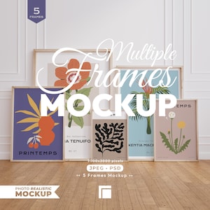 May include: A set of five wooden picture frames in various sizes, each containing a different botanical or abstract art print. The frames are arranged in a group, displaying colourful illustrations of flowers, leaves, and plants on a wooden floor.