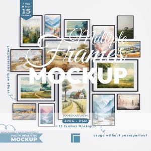 May include: A mockup featuring 15 framed landscape art prints arranged on a white background. The frames are black, and the art features watercolor paintings of rural scenes, mountains, and trees. Text on the image reads "Multiple Frames Mockup."