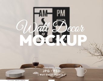Dining Room Wall Decor Mockup, Blank Wall Psd Template For Laser Cut Decors