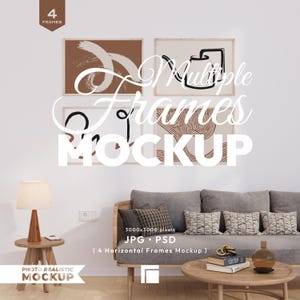 Puede incluir: Una maqueta con cuatro impresiones artísticas enmarcadas con diseños abstractos en marrón y negro. El texto "Multiple Frames Mockup" está superpuesto. También se ve un sofá, una mesa auxiliar con una lámpara y una mesa de centro.