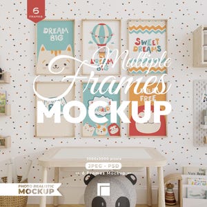 May include: A digital mockup featuring six rectangular wooden frames arranged in two rows on a wall with a small dot pattern. The frames contain colorful illustrations of animals, a hot air balloon, and text including Dream Big and Sweet Dreams.
