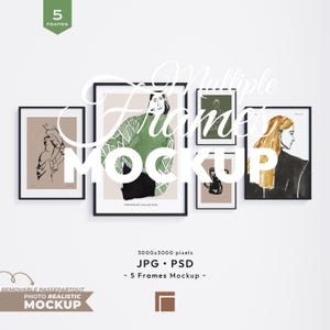 Maqueta de pared de galería: 5 marcos, exhibición de arte ecléctico (archivos PSD, JPG y PDF descargables)