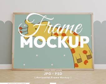 May include: A rectangular wooden frame mockup featuring a cartoon giraffe illustration. The giraffe is yellow with orange spots against a light blue background with white dots. The words "Frame MOCKUP" are overlaid on the image.