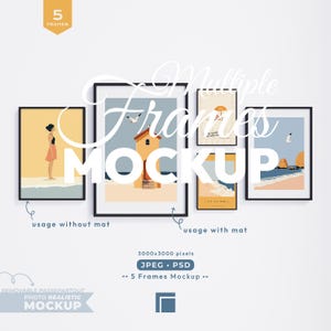 5 Frames Mockup, Black Frame Mock Up Set, Multiple Photo Frame