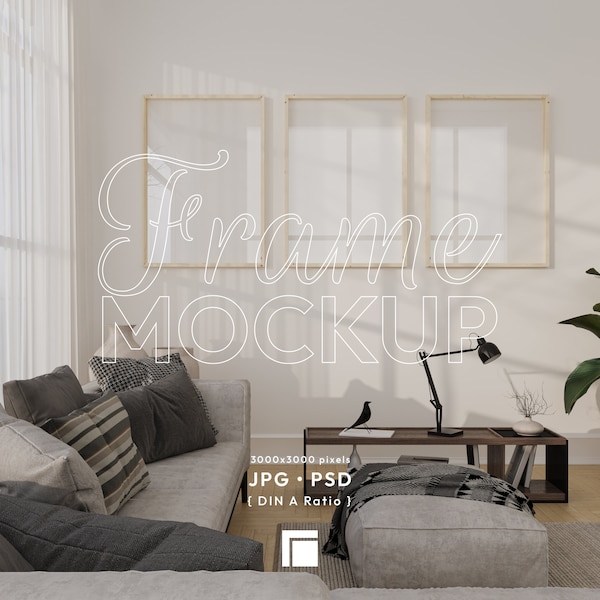 Print Poster Living Room | Interior Frame Mockup | Scandinavian Modern Vertical Wood A0 Frame | Apartment PSD Nordic Minimal Photoshop DIN