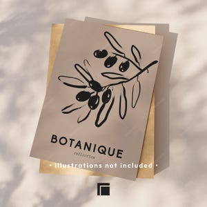 Op de afbeelding: Een stapel kaarten met botanisch thema. De bovenste kaart is taupe met een zwarte olijftakillustratie en het woord "BOTANIQUE" in een schreefletter. De tekst "collection" en "illustrations not included" zijn ook aanwezig.
