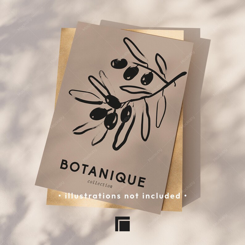 Op de afbeelding: Een stapel kaarten met botanisch thema. De bovenste kaart is taupe met een zwarte olijftakillustratie en het woord "BOTANIQUE" in een schreefletter. De tekst "collection" en "illustrations not included" zijn ook aanwezig.