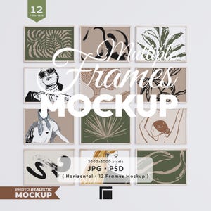 12 Horizontal Frames Mockup: Gallery Wall Art Template (PSD & JPG Digital Files)