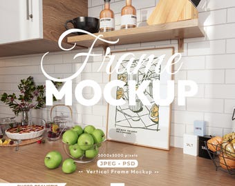 Kitchen Wooden Frame Mockup, Food Wall Art Psd Template