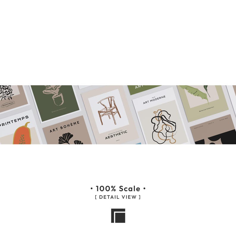 May include: A collection of rectangular art prints featuring various illustrations including a chair, botanical elements, and abstract shapes in muted tones of green, beige, and black. The prints contain text such as PRINTEMPS, ART BOH&Egrave;ME, AESTHETIC, and ART MODERNE.