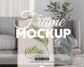 May include: A vertical wooden picture frame mockup featuring a light beige print with green palm leaf illustrations. The frame displays text including "Frame MOCKUP", "3000x3000 pixels", "JPEG • PSD", "Vertical Frame Mockup", and "NO AI".