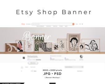 Könnte beinhalten: Etsy Shop Banner-Mockup mit gerahmten Kunstdrucken. Das Bild zeigt ein fotorealistisches Mockup mit dem Text "Etsy Shop Banner" und "Banner Mockup". Die Bildabmessungen betragen 8000 x 2000 Pixel. Die Dateiformate sind JPG und PSD.