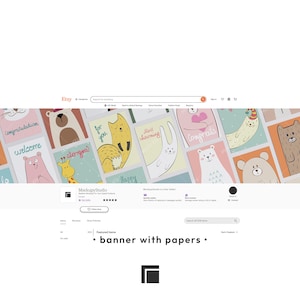 May include: A digital Etsy shop banner featuring a collage of colorful illustrated greeting cards with animals and text including congratulations, welcome, for you, and most charming. The shop name MockupyStudio is displayed below the banner.