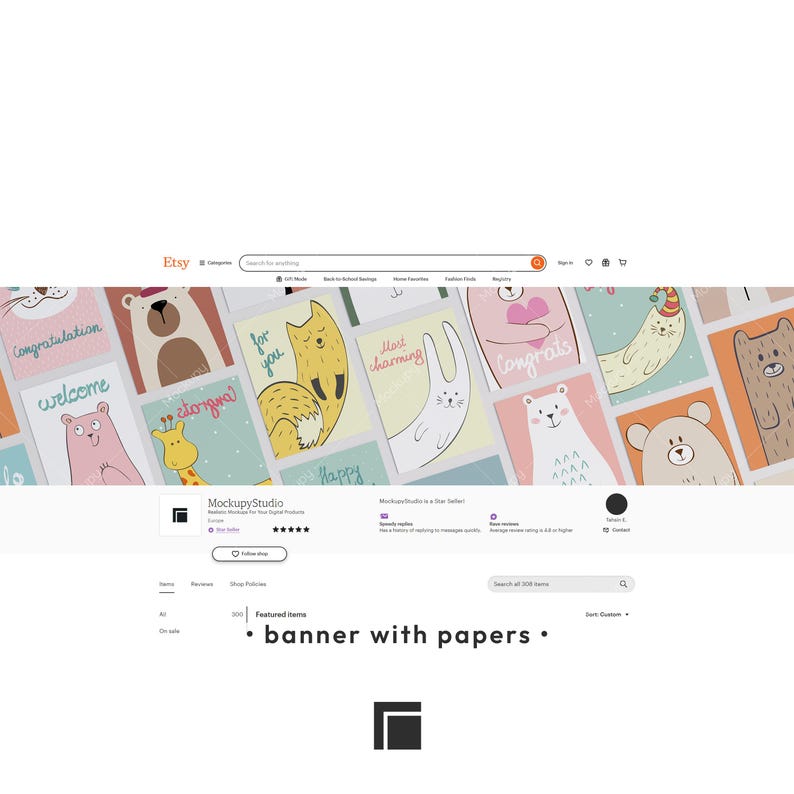 May include: A digital Etsy shop banner featuring a collage of colorful illustrated greeting cards with animals and text including congratulations, welcome, for you, and most charming. The shop name MockupyStudio is displayed below the banner.
