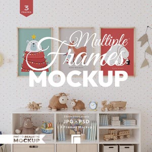 Nursery 3 Frames Mockup: Vertical Portrait, Modern Kids Room (JPG, PSD Files)