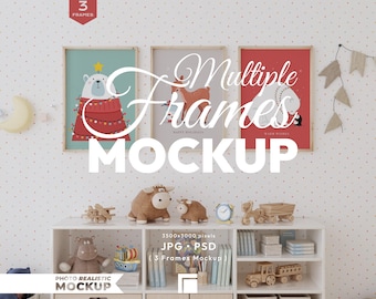 Nursery 3 Frames Mockup: Vertical Portrait, Modern Kids Room (JPG, PSD Files)