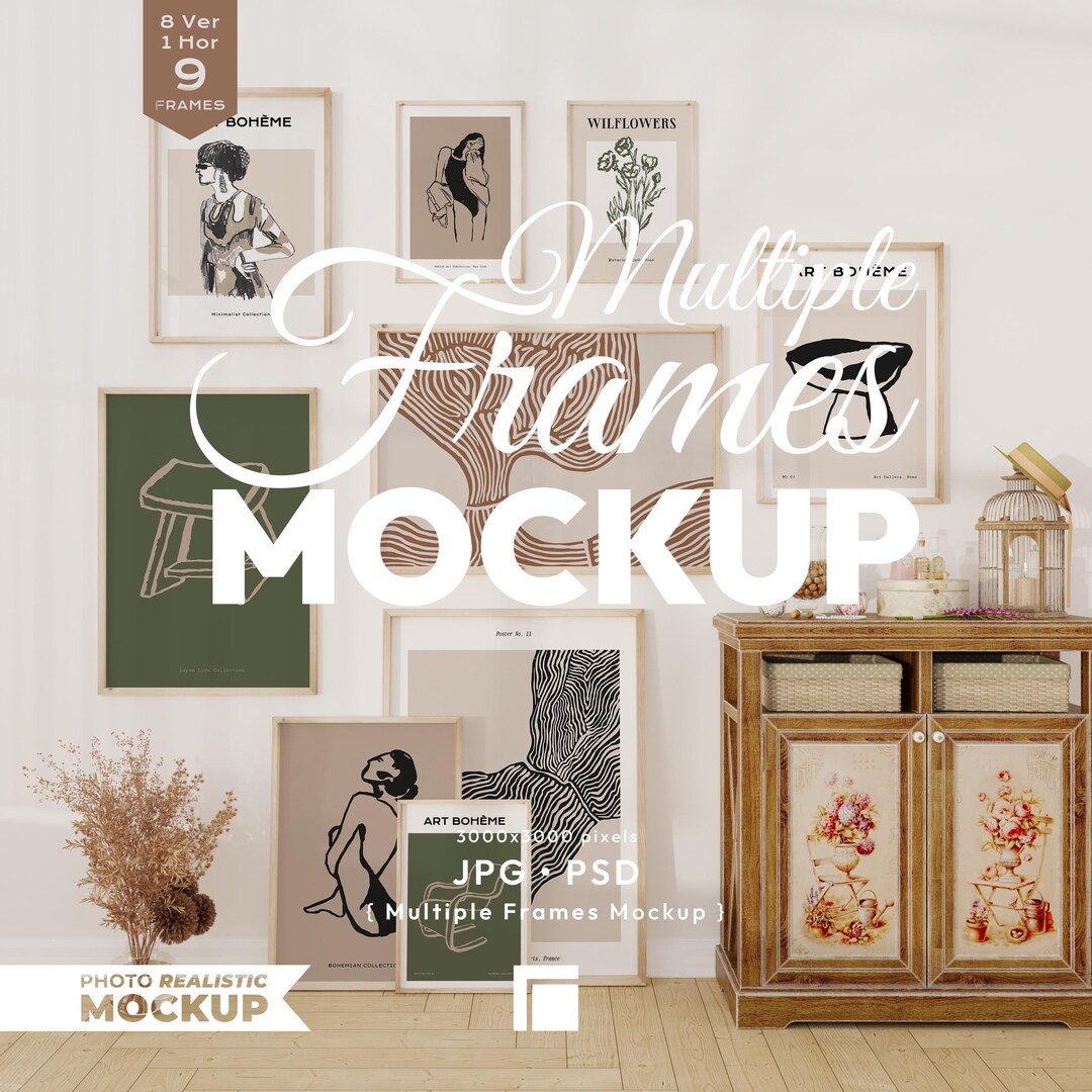 Multiple Frames Mockup: 9 Frames Mock Up, Gallery Wall Art Psd Template ...
