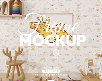 May include: A horizontal frame mockup featuring a yellow giraffe illustration, displayed against a wallpaper with repeating patterns of rabbits, rainbows, and butterflies. The scene includes a wooden chair, a rocking horse, and wooden blocks.