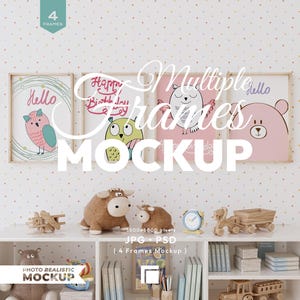 4 Vertical Frames Mockup, Nursery Frame Mock Up Set, Wooden Frame Psd Template