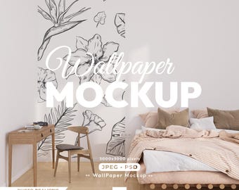 May include: A bedroom mockup featuring a bed with a pink comforter and pillows, a wooden desk and chair, and a wall with a floral wallpaper design. The text "Wallpaper MOCKUP" is displayed on the wall. The image also includes the text "PHOTO REALISTIC MOCKUP".