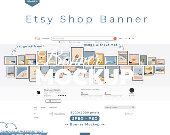 May include: Etsy shop banner mockup showing 29 framed art prints. The banner includes the text "Etsy Shop Banner" and "Banner Mockup". The mockup shows usage with and without mats. The image is 8000x2000 pixels.