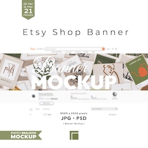 May include: An Etsy shop banner mockup with the text "Etsy Shop Banner" in black. The image includes a collection of framed art prints with various designs and the text "Banner Mockup" in white. The banner is 8000 x 2000 pixels.
