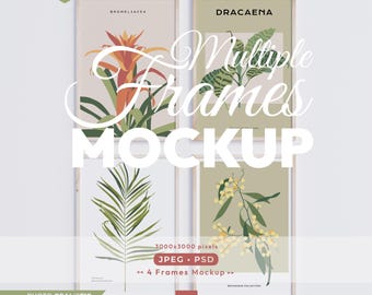 4 Frames Mockup: Gallery Wall Art Mockup Set, Vertical Wooden Psd Template