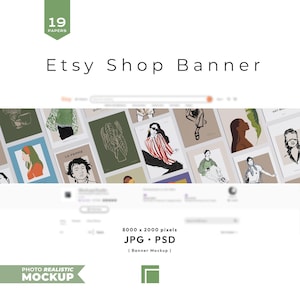 May include: Etsy shop banner mockup featuring a collection of art prints. The banner includes the text "Etsy Shop Banner" and "19 Papers". The mockup is labeled "Photo Realistic Mockup" and specifies the file format as JPG and PSD.