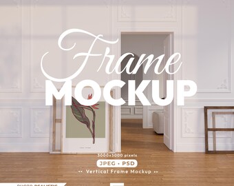 May include: A vertical wooden picture frame mockup featuring a botanical illustration of a bird of paradise flower on a sage green background. The frame rests on a wooden floor against a white paneled wall with a doorway. Text reads Frame MOCKUP.