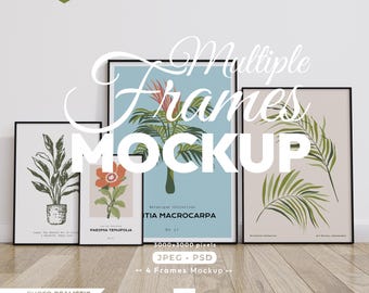 4 Frames Mockup, Gallery Wall Art Psd Template, Photo Realistic Black Frames Set