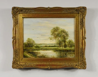 Vintage Mid century oil on canvas morning on the river Roding signed by Thomas Kennedy. 2 of 2.