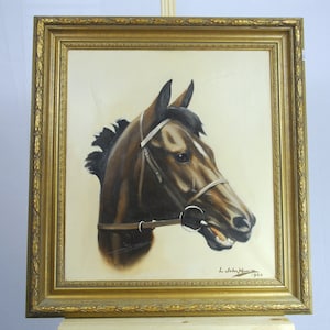 Vintage oil on canvas thoroughbred horse portrait 1980 signed by L.J Morris
