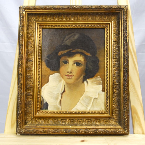 Antique Edwardian Late 19th century oil on board French girl portrait