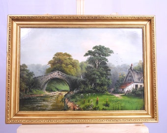 Antique Landscape Oil Painting by George Edwards; River Landscape With A Figure On A Bridge By A Cottage.