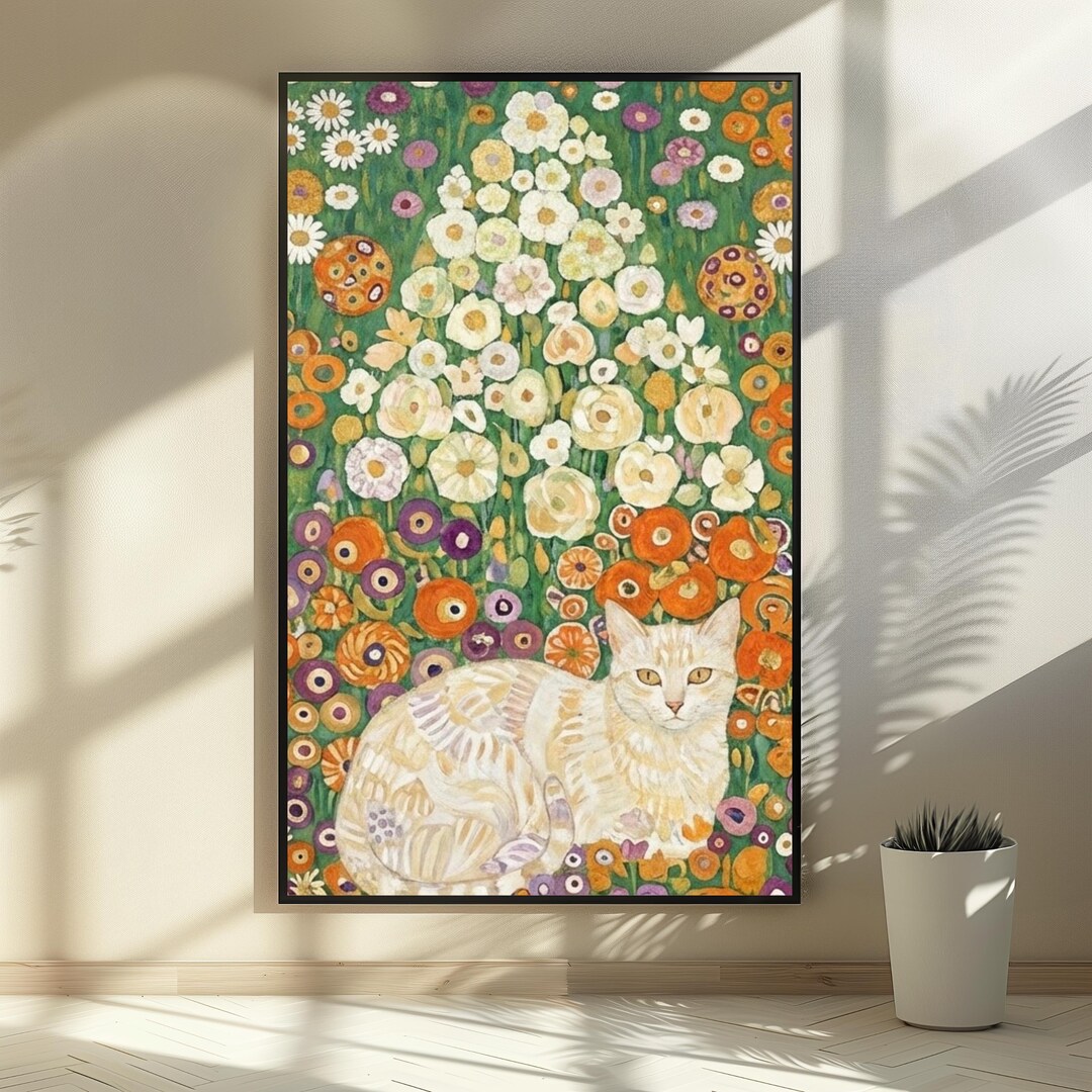 Floral Cat Art in Gustav Klimt Style, Vertical Art Nouveau Print - Etsy