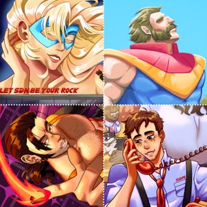 May include: A four-panel digital illustration featuring various characters. The top left panel shows a blonde character with a blue mask and the text LET SDN BE YOUR ROCK. The other panels depict a muscular hero, a character with fire, and a person on a phone.