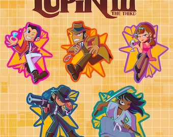 May include: Five colourful cartoon character stickers featuring the characters from the anime series Lupin the Third. The stickers feature Lupin, Jigen, Fujiko, Goemon, and Zenigata. The stickers are all in a starburst shape with a yellow background.