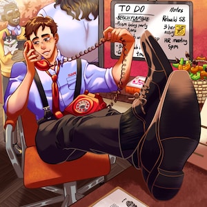 Puede incluir: Ilustración de un hombre en un entorno de oficina, con camisa azul, corbata roja y tirantes, hablando por un teléfono rojo de disco. Detrás de él hay una pizarra con una lista de tareas y notas. La oficina tiene una silla naranja y un escritorio con papeleo.