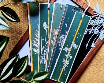 GREEN Bookmarks SET. Unique Handmade paper cut. Fern. Bird. Daisy. Wild Flower. Dandelion. Zero waste.  Book Lovers Gift. Unique Gift Option