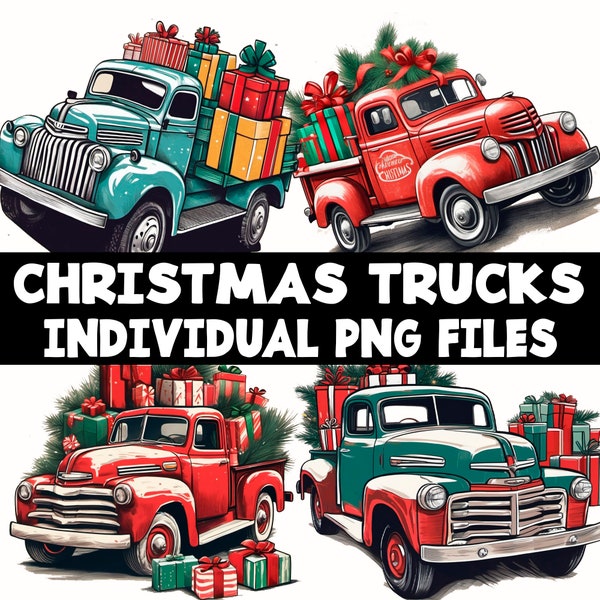 Set of ail paint Vintage Truck for Christmas, winter PNG For Commercial Use POD, new year Clipart For Sublimation prints on demand and more