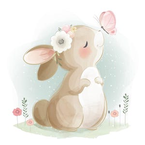 Lapin Aquarelle Doux avec Papillon Clipart PNG transparent - T-shirt imprimable, tasse, gobelet, clip art sublimation ,carte d'invitation