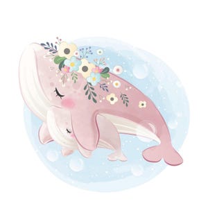 Clipart baleine  rose mignon PNG, mère et bébé baleine, téléchargement numérique animaux océan , art nautique pastel