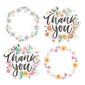 Clipart "Merci" Floral - Pack de 4 Illustrations PNG pour Créations DIY,clipart pour cartes de remerciement