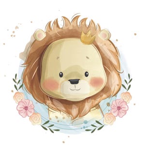 Clipart Lionceau Adorable avec Couronne de Fleurs, PNG Numérique  transparent  -T-shirt imprimable, tasse, gobelet, sublimation, Baby shower